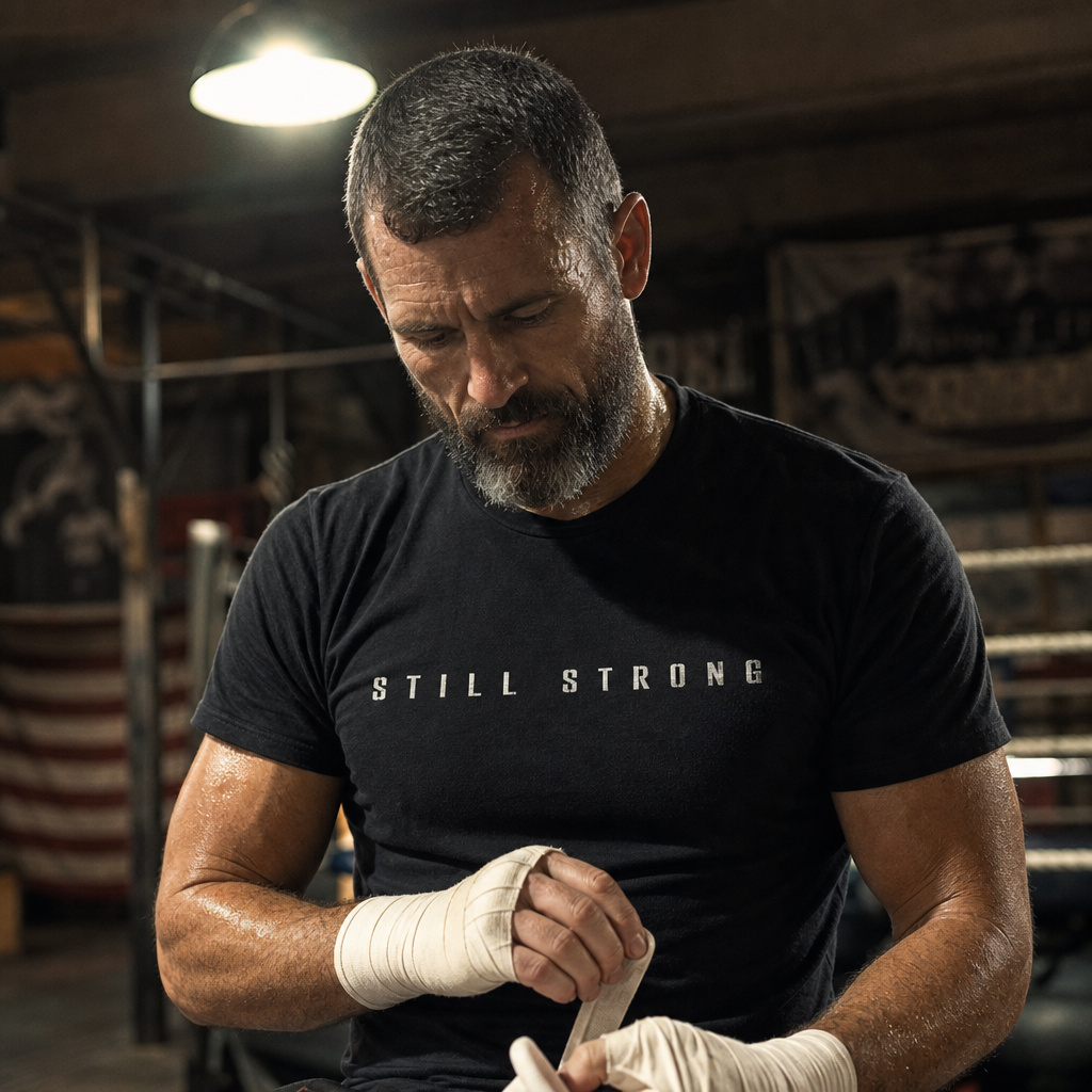 Single-line tee worn by a boxer with hand wraps in a gym