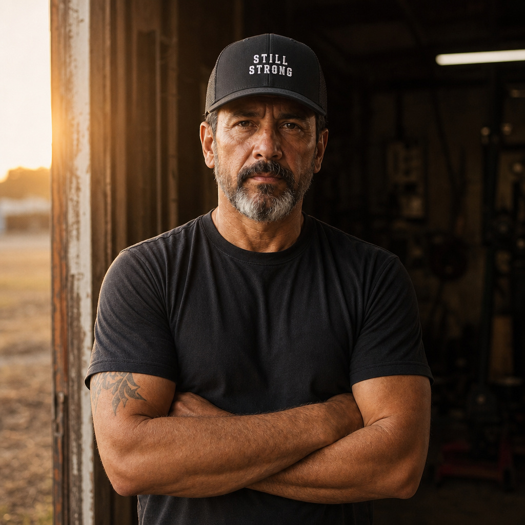 Still Strong Trucker centered-logo cap worn