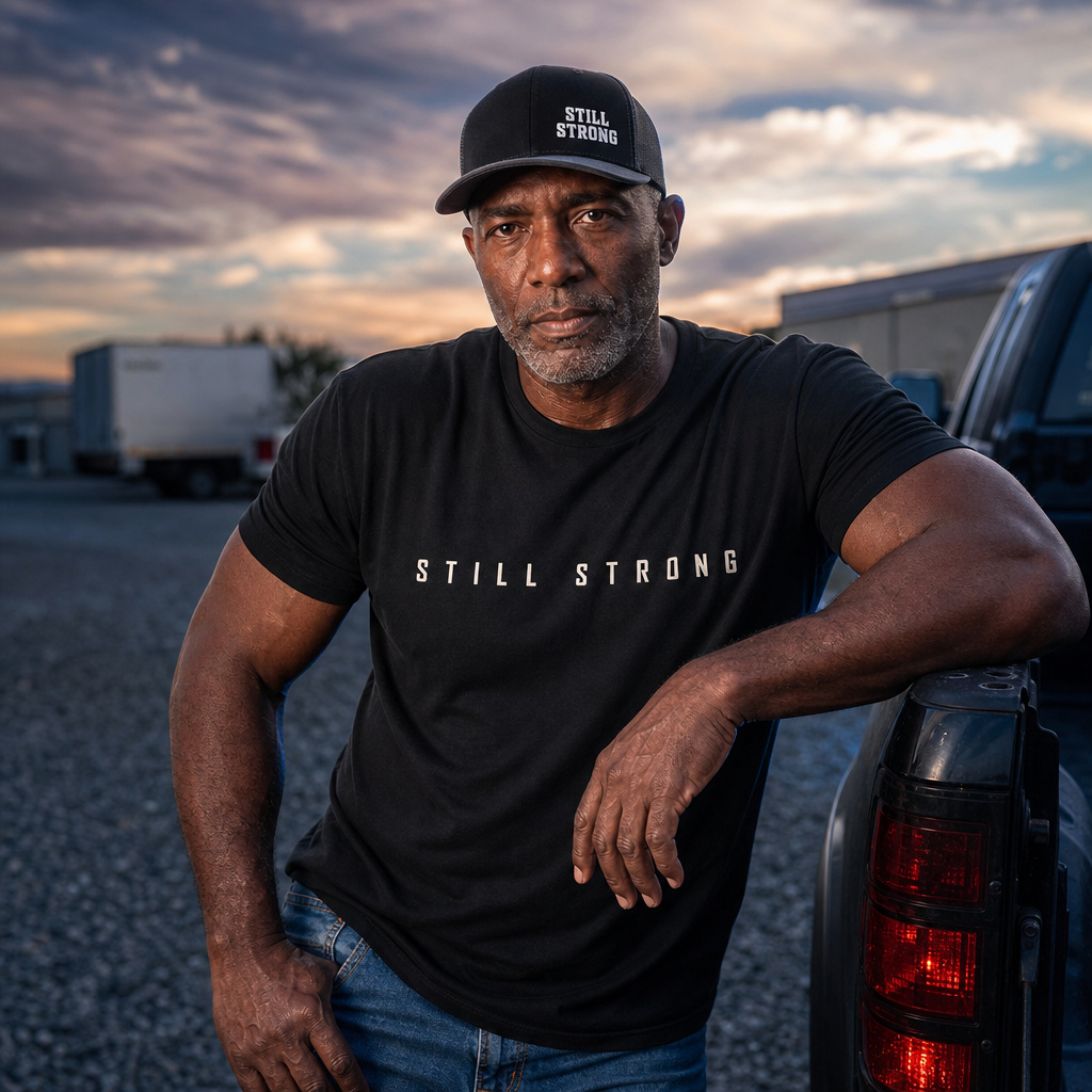Still Strong Trucker side-logo cap worn outdoors