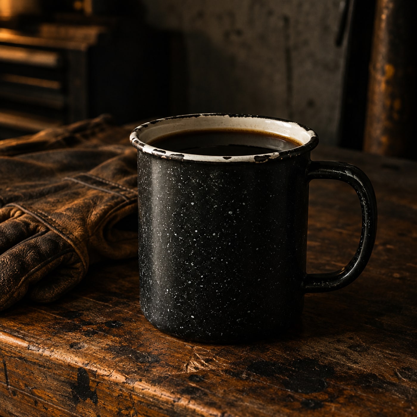 Dark enamel camp mug on a workbench