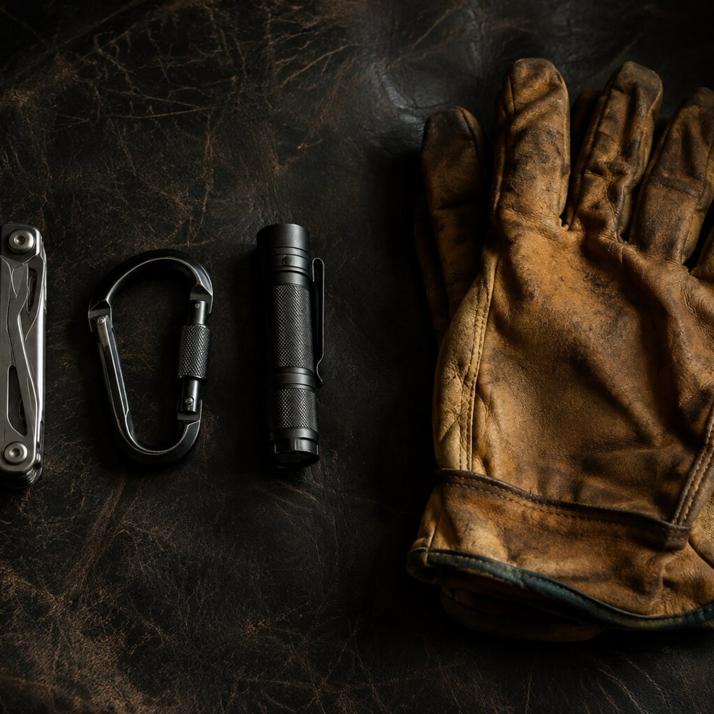 An engraved multitool, carabiner and flashlight on dark leather