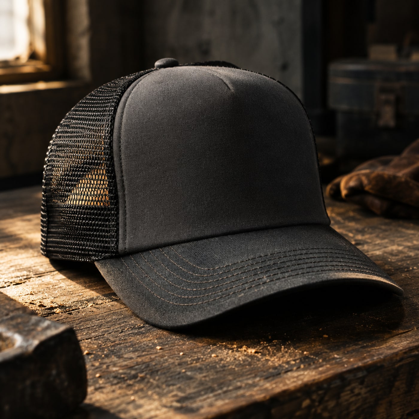 Charcoal and black foam-front trucker cap