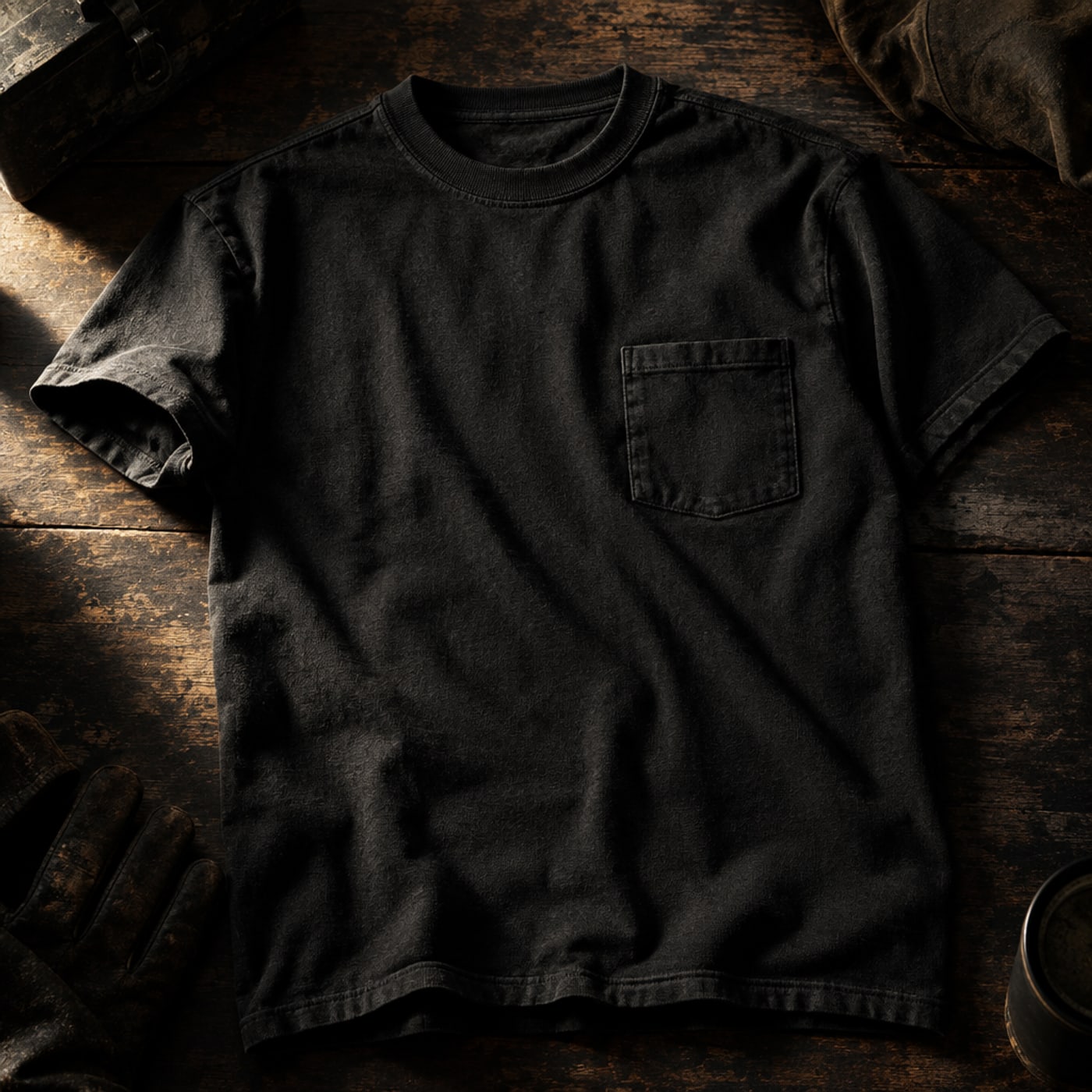 Black heavyweight pocket tee laid flat on dark wood