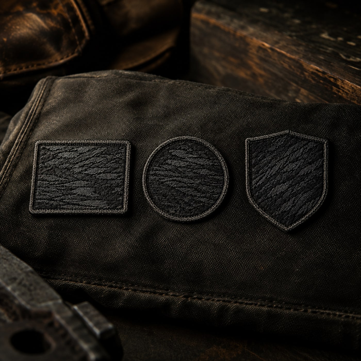 Three embroidered Still Strong patches in a row
