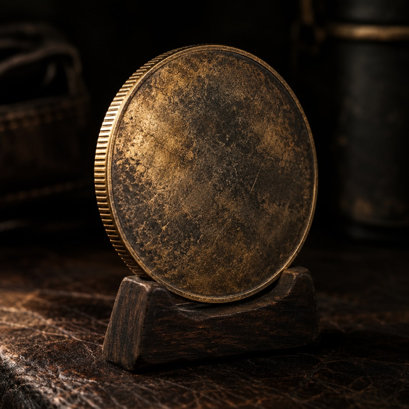 Antique brass Still Strong challenge coin on a stand