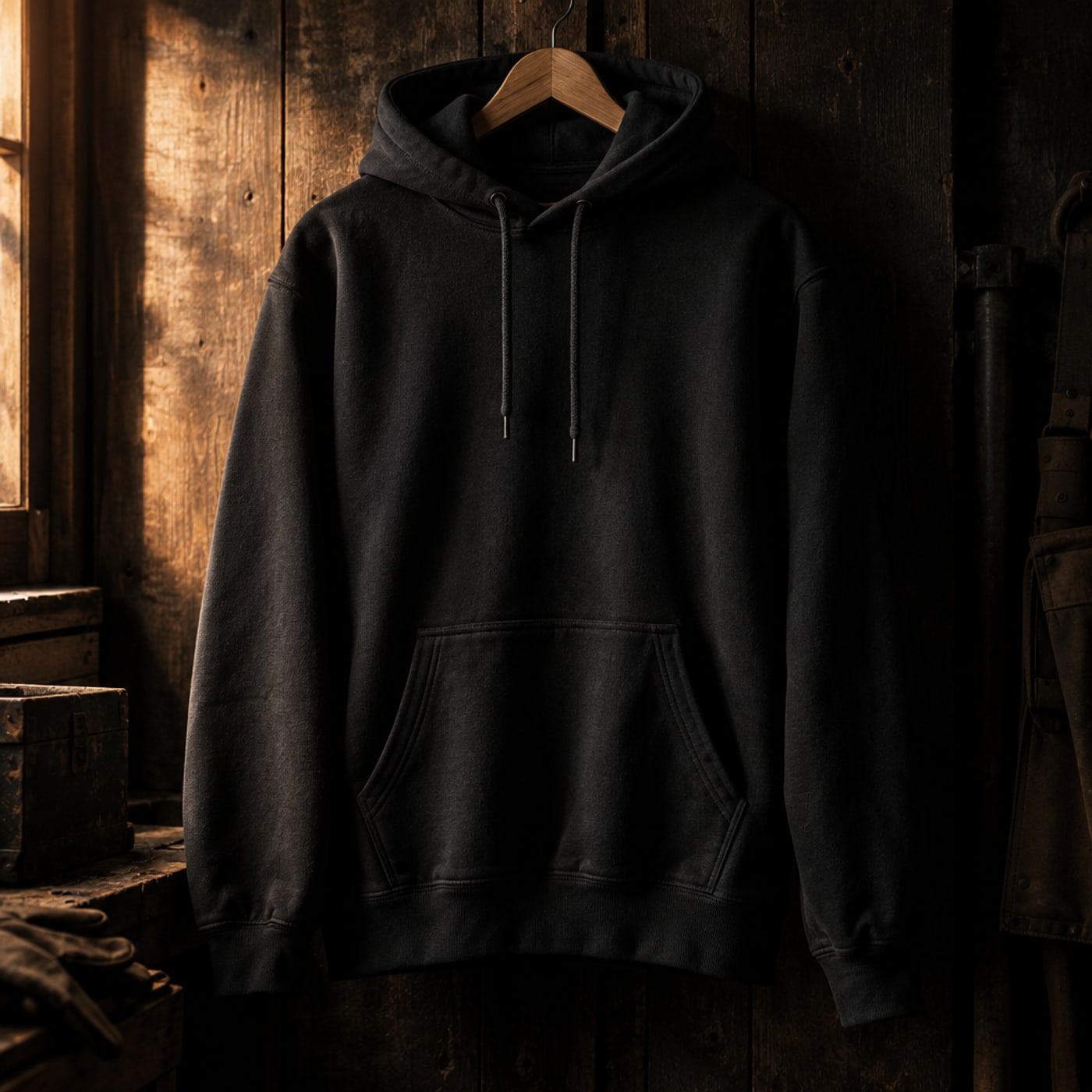 Black Still Strong heavyweight hoodie on a hanger